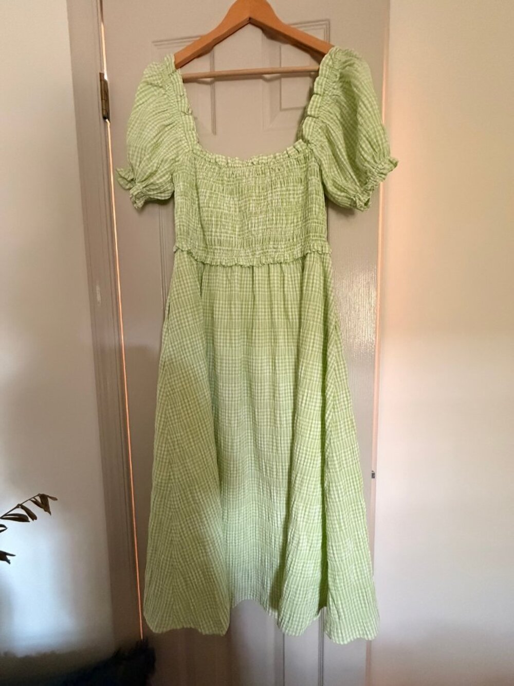 O.P.T. Green Gingham Smocked Puff Sleeve Midi Dress, Size L